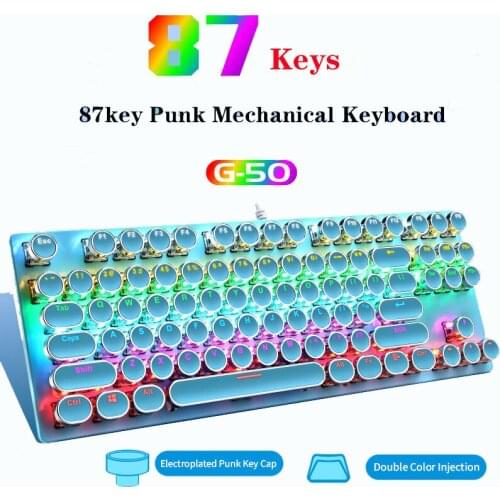 Electroplating Punk Mechanical Keyboard 87 Keys Blue Switch Gaming Keyboards 7-Color Backlight Wired Keyboard for Laptop Desktop
