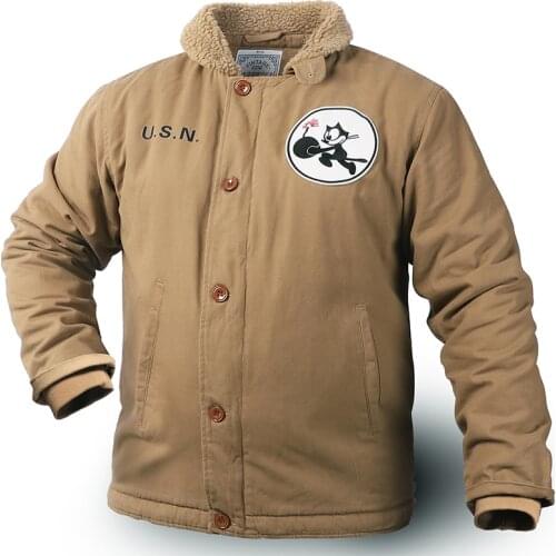 Mens N1 Teddy Bear Sherpa Collar Varsity Zip Up Deck Jacket USN Vintage Military Winter Coat Thick Khaki