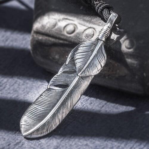 Solid 999 Sterling Silver feather Mens Pendant handmade A5676
