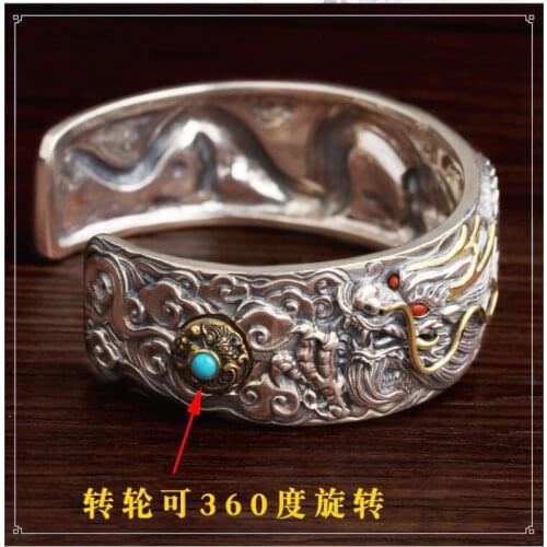 S925 Sterling silver colour dragon bracelet men wide personality bracelet retro ethnic style thai silver color handmade bracelet