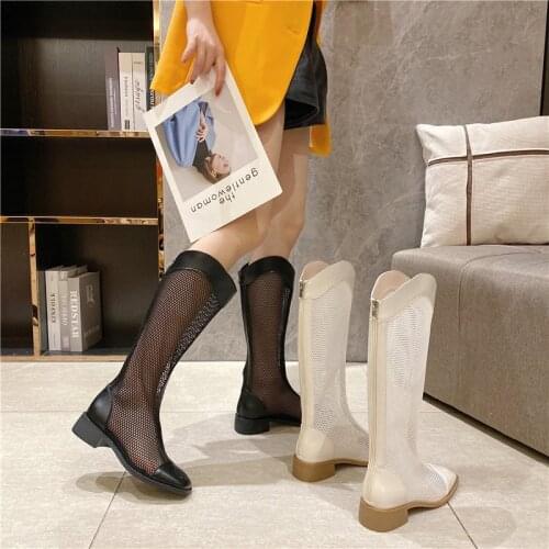 New Woman Military Boots Girls Knee High Shoes Women Mesh Thick Heels Ladies Soft Square Toe Boots Female Brand Motorcycle Boots