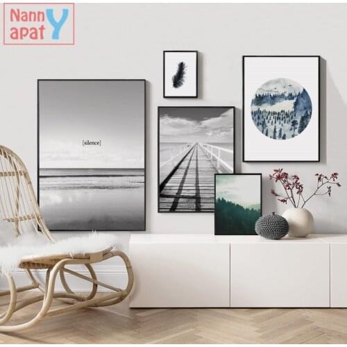 Nordic Posters And Prints Forest Sea Bridge Feather Landscape Wall Art Print Canvas Painting Wall Pictures For Living Room Decor