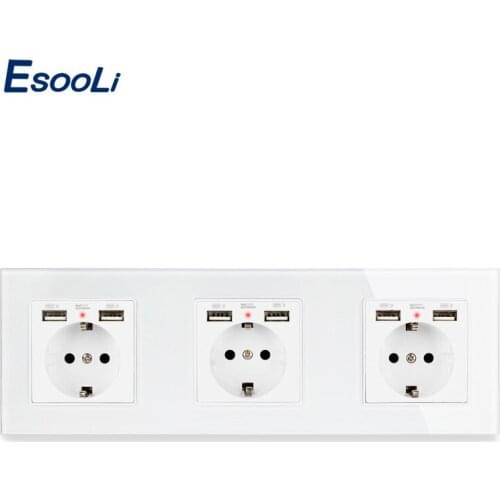 Esooli Crystal Glass Panel EU Standard Wall Socket With 6 USB Charge Port For Mobile Hidden Soft LED Indicator 258*86mm