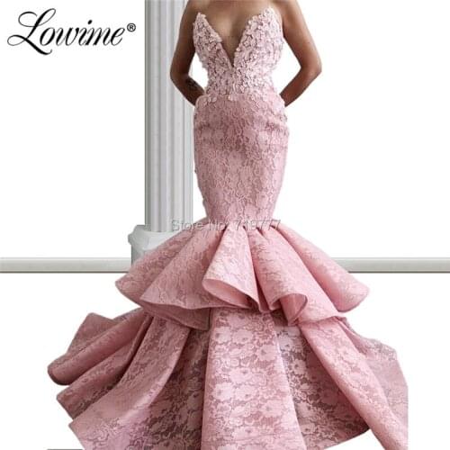 Pink Lace Evening Dresses Mermaid Formal Gown 2019 Robe De Soiree Tiered Handmade Flowers Party Dress For Weddings Prom Gowns