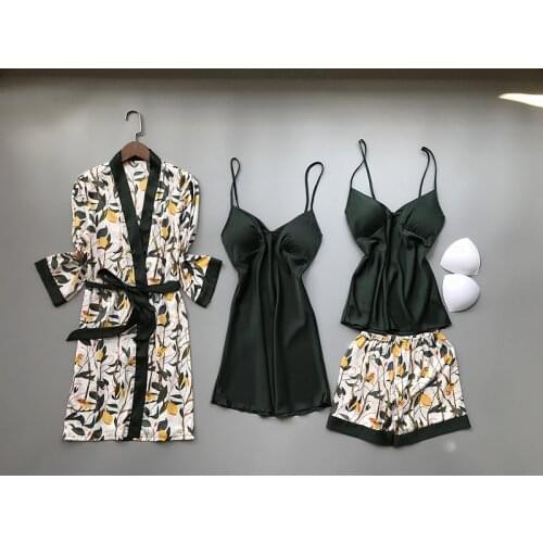 Silk pajamas set for women autumn winter bathrobe top short pants 4 pieces lace pajamas sets sexy robe sleepwear