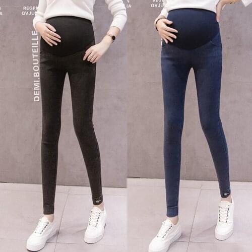 Autumn and winter new pregnant womens feet pants imitation denim wear high elastic maternity pants