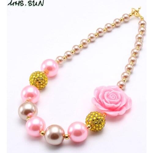 MHS.SUN Cute Rose Flower Chunky Beads Necklace Child/Girls/Kids Pink/Gold Bubblegum Beads Necklace Charming Chunky Jewelry 1Pcs