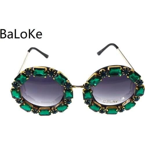 Fashion Baroque Round Women Girls Flowers Sunglasses Retro Brand Sexy Green Crystals Sunglasses Summer Beach Glasses