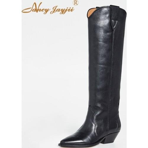 Womens Shoes Adult Boots Knees-High Super Hihg Thick Heel Shoes Solid Point Toe Mature Slip-on Wear Winter Black Nancyjayjii