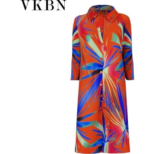 VKBN Dresses for Women Geometric Printing Knee-Length Casual Wrist Sleeve Pleated Fabric 2021 Spring Summer Clothing