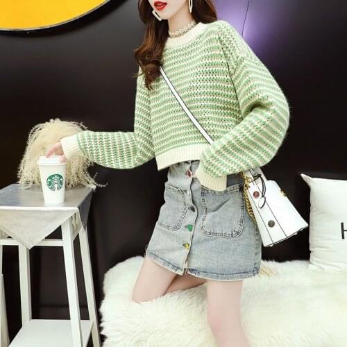 Female O-neck Pullover Fashion Street Long-sleeved Sweater Casual Loose Outer Wear Autumn Winter High-waist Striped Knitted Top