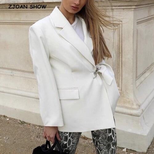 2020 Autumn Free style Ivory White Iron Buckle Loose Blazer Boyfriend friend Vintage Women Mid Long Suit Coat Fashion Femme Coat