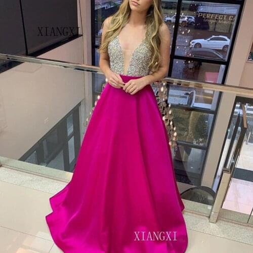 2020Rose Evening Dresses Long Satin A-Line Deep V-Neck Backless Beading Floor Length Formal Party Gowns Evening Dress Vestidos