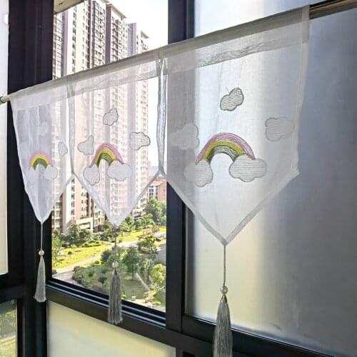 1PC Embroidery Cartoon Rainbow Clouds Window Flag Pennant Kitchen Half Curtain Home Decoration #VT