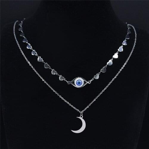 2PCS Islam Muslim Turkish Eyes Moon Stainless Steel Crystal Necklaces Silver Color Layered Necklace Jewelry ojo turco N3787S01
