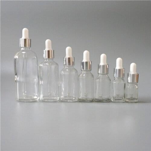 5/10/15/20/30/50/100ml Reusable Clear Empty Essential Oil Bottle White Rubber Head Dropper Silver Cap Cosmetic Container