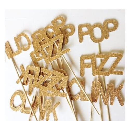 Glitter Pop Fizz Clink Cupcake Cake Topper, Engagement, Bridal Wedding Shower Food Picks birthday party decorations