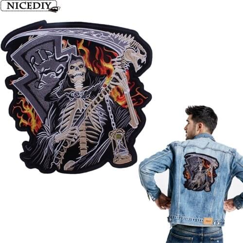 DIY Grim Reaper Large Embroidered Patches For Clothes Motorcycle Iron On Patches Hippie Fashion Rock Badge Decor For Coat