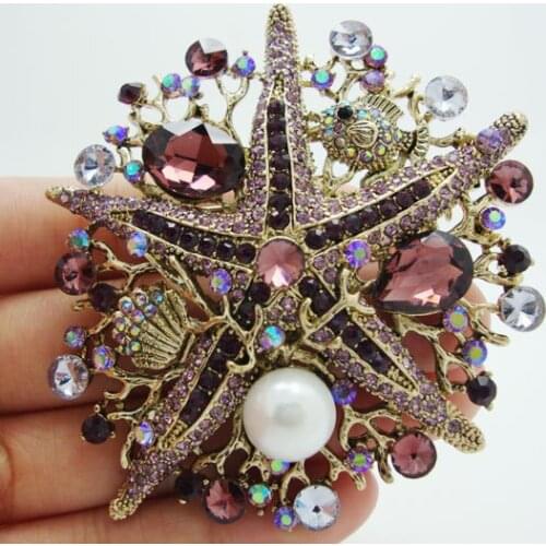 Vintage Style Starfish Pearl Gold-Tone Brooch Pin Pendant Purple Rhinestone Crystal