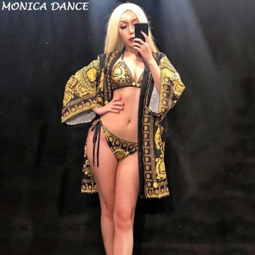 Dj Nightclub Gold Flower Printing Bikini+Coat Women Sexy Bling Clothing Fashion Show Stage Wear Costumes Beach Party Bodysuit
