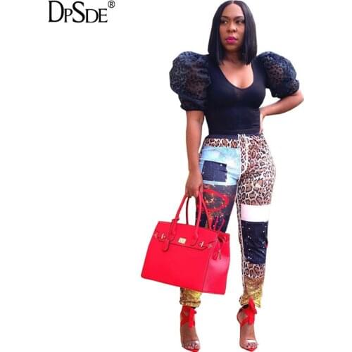 DPSDE summer 2020 women street fashion casual hip hop style long pants elastic high wasit leopard grain straight long pants