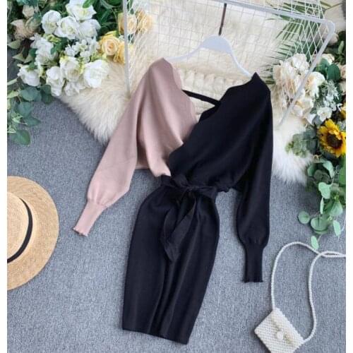 Elegant belt V-neck knit dress female sense backless spring autumn long-sleeved sweater dress ladies stitching bag hip dress