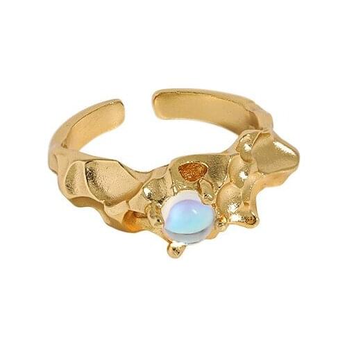 S925 Sterling silver Open ring INS niche design sense irregular concave-convex texture moonstone ring For Women Wedding