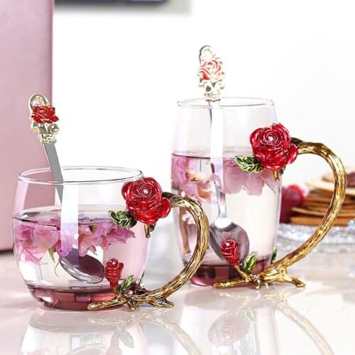 Red Rose Enamel Crystal mug High-grade Glass Cup Flower Tea Glass Flower Mug with Handgrip Perfect Gift For Lover Wedding