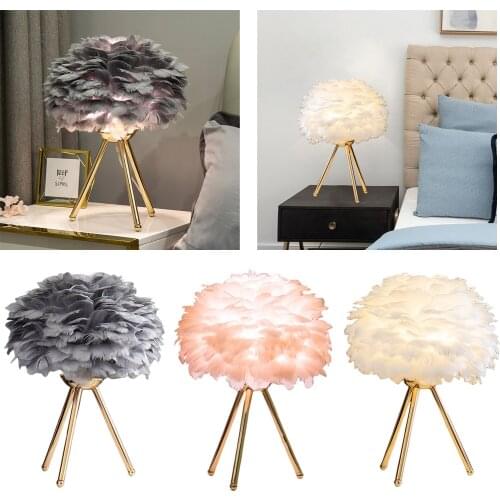 Feather Shade Table Lamp Modern Bedroom Bedside Desk Night Light Decor