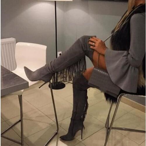 Sexy Woman Gray Suede Leather Slim Tassels Back Pointed Toe Over The Knee Thin Heels Thigh Long Boots Fringes High Heels