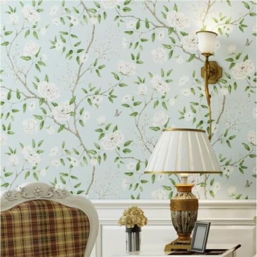 Beibehang American country pastoral style wallpaper green small fresh art light blue bedroom living room TV background wallpaper