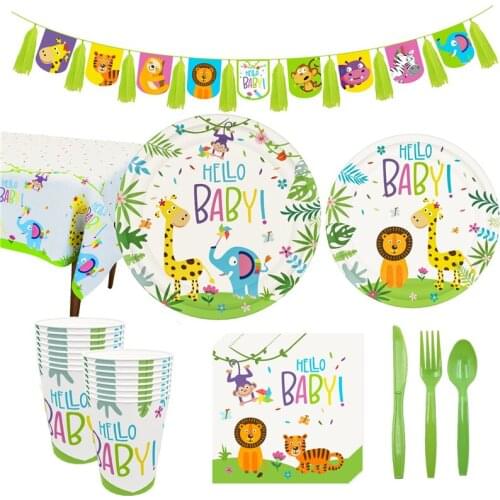 Disposable Plate Cup Tablecloth Kids Birthday Party Decor Supplies Cartoon Jungle Aninal Theme Baby Shower Decoration xx255