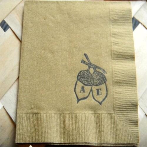Personalized Napkins Golden Brown Tiny Acorns Fall Wedding Woodland Woodsy Outdoor Wedding 3 Ply Paper Beverage Cocktail Napkins