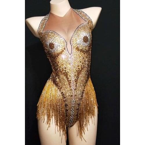 Sexy Tassels Rhinestone Crystals Halter Women Skinny Jumpsuits Women Slim Acrobatics Performance Catsuits Female Nightclub Wear