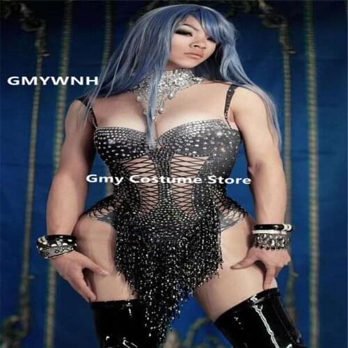 X48 Black tassel female bodysuit Rhinestone printing jumpsuit bar catwalk perform dress outfits stage costume proom pole dance