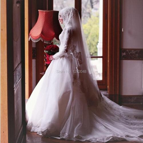 YNQNFS YWD336 Robe de Mariee Princesse de Luxe Long Sleeve Hijab Veil Muslim Wedding Dress Bridesmaid Abiye Gece Elbisesi 2019