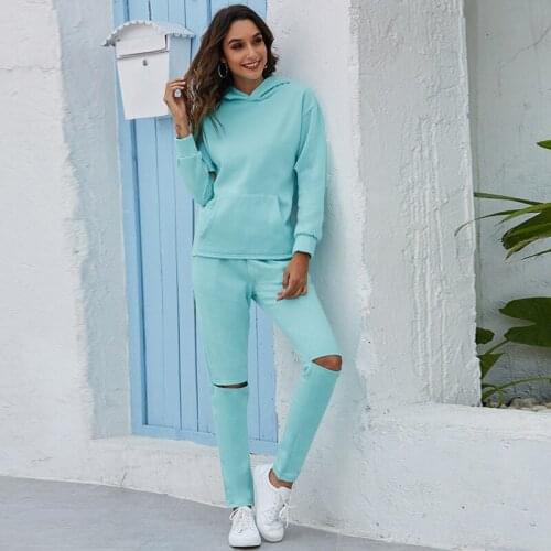 Women hoodies Suit 2021 Solid hooded sets Spring Autumn Thick warm hoodies suit sets Long pants outwear hoodies sets