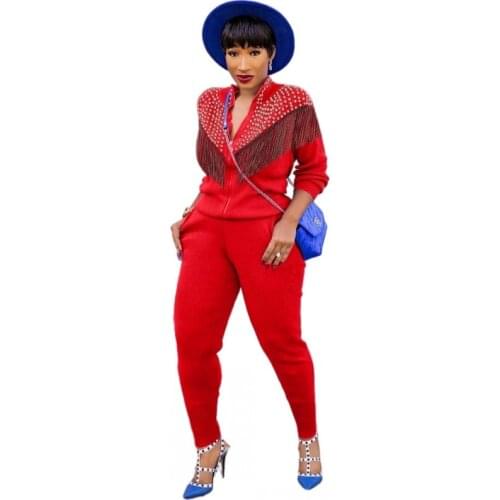 2 Pieces Womens Sets 2021 Autumn Winter Tassel Embroidered Flares Top Jacket And Pants Set Two Piece Set Tracksuit Suit Outfits