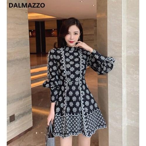 Vintage Print Snowflake Floral Women Lantern Long Sleeve Slim Mini Dress 2020 Autumn Ladies Runway Big Sizes Dresses Vestidos