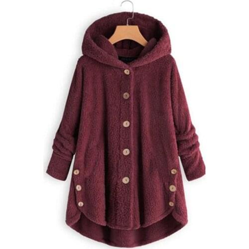 Winter Coats Hooded Fleece Fluffy Button Warm Padded Jacket Women Casual Pocket Single Breasted Solid Parkas Outwear Plus Size