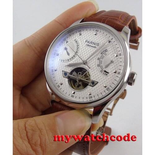 43mm parnis white dial brown strap power reserve ST automatic mens watch413
