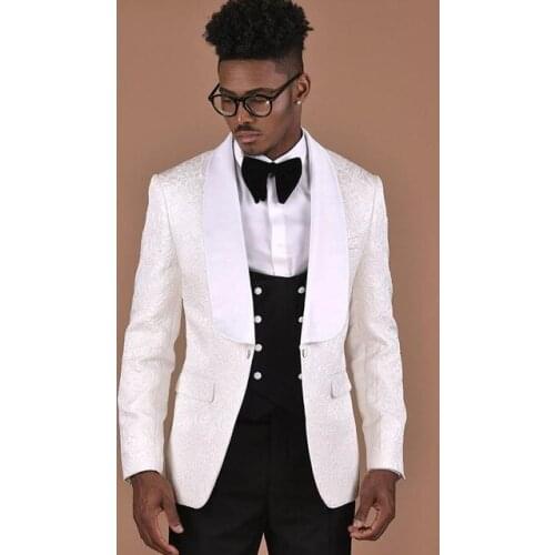 White Pattern With Double Breasted Black Vest Men Suit 3pieces Groom Tuxedos Groomsmen Wear Wedding Blazer Suits For Men