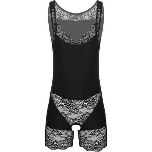Mens Erotic Sexy Bodysuit Underwear Gay Male Lace Patchwork Scoop Neck Crotchless Bodyshaper Sexy Lingerie Sissy Nightwear