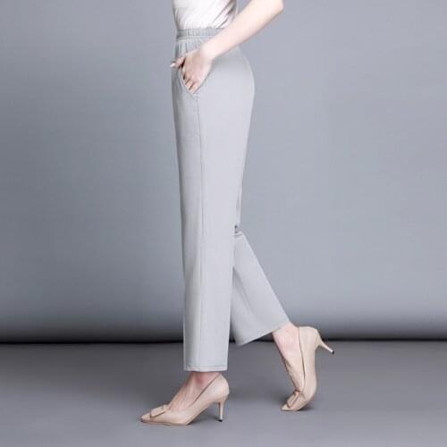Middle-aged mothers Trousers Summer Thin Elastic High waist Loose Nine Split pants Plus size Female Solid Pocket Casual Pants