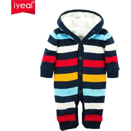 IYEAL Baby Rompers Thickened Winter Striped Knitted Sweater Warm Jumpsuit for Baby Girl Boy Hooded Outwear Kids Newborn Clothes