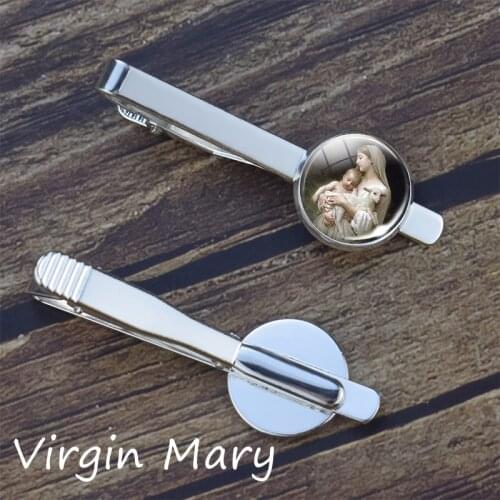 Virgin Mary with Baby Jesus Tie Clips Men Metal Alloy Tieclip Necktie Clip Pin Religious Art Jewelry Christian Gift 1PCS