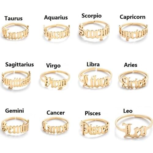 Jisensp Trendy 12 Constellation Letters Ring Pisces Capricorn Gemini Virgo Leo Women Stainless Steel Ring Accessories Gift
