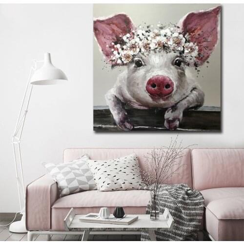 Cute Pig Animal Oil Painting on Canvas Nordic Pink Animal Posters and Print Wall Art Picture for Living Room Home Decor Unframed