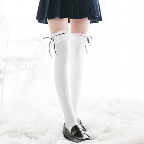 Cosplay Lolita Girls Lace Top Thigh High Socks Over Knee Leg Bowknot Ruffled Frilly Lace Trim Japanese Student Uniform Socks