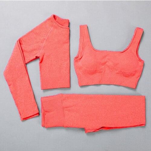 3PCS Seamless Womens Suit For Yoga Fitness Sportswear Long Sleeve Sports Top High Waist Leggings Gym Clothing Workout Clothes
